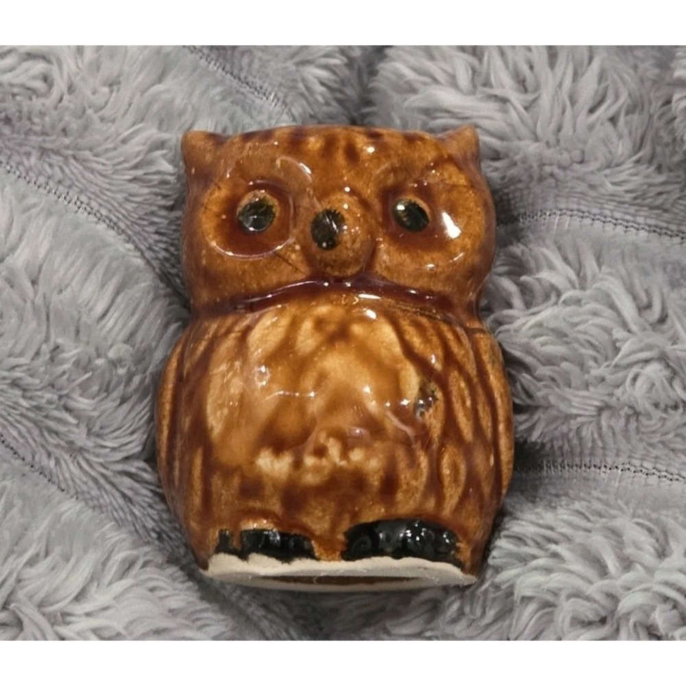 Vintage 2" x 2" Brown Ceramic Owl Toothpick Holder Matchstick Holder